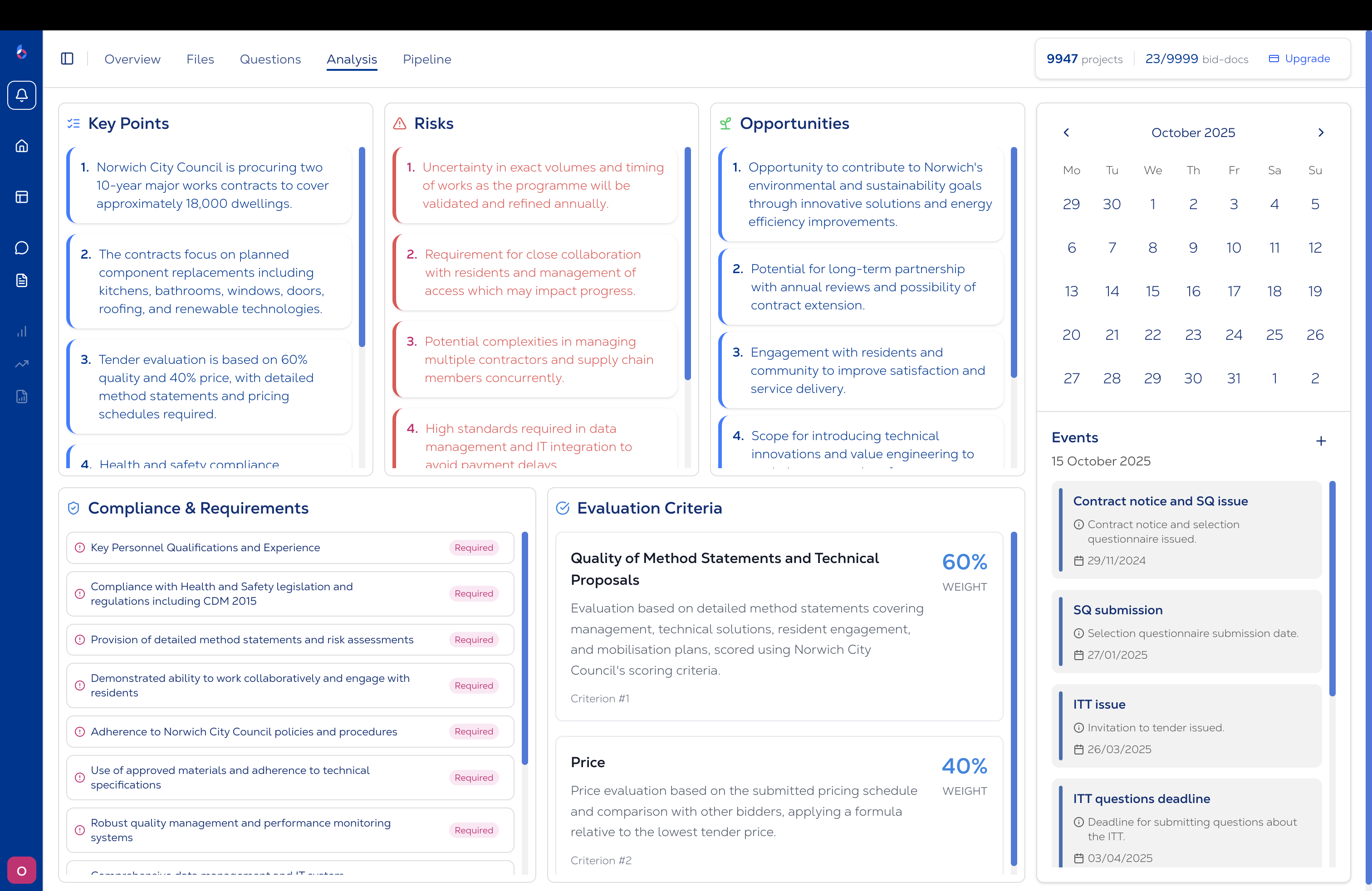 BidScript bid analysis dashboard showing go/no-go decision interface