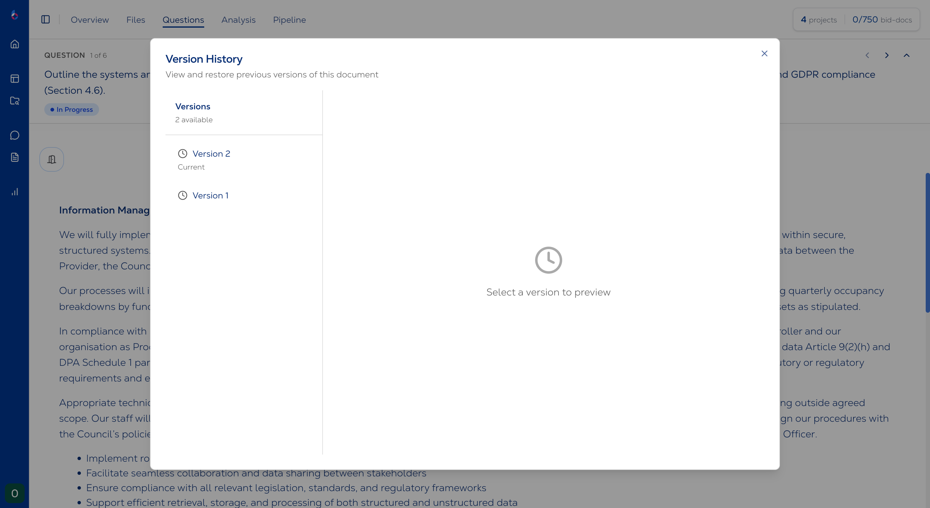 Version history showing document snapshots and rollback capability